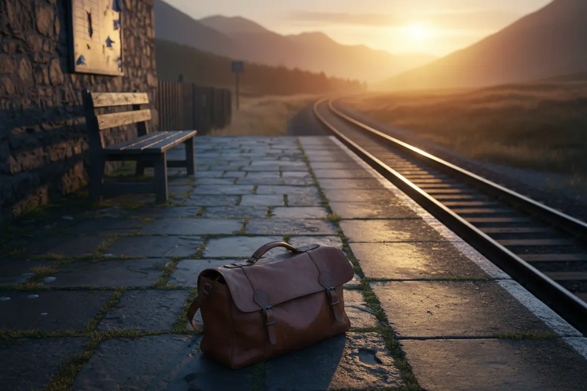 Heracles — lonely Highland train platform at dusk, tracks stretching into golden sunset
