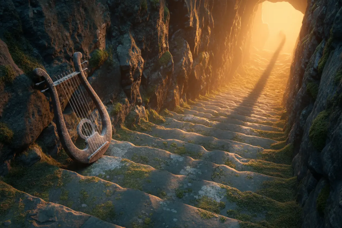 The Musician Who Walked Down — moss-covered stone steps descending into golden underworld light
