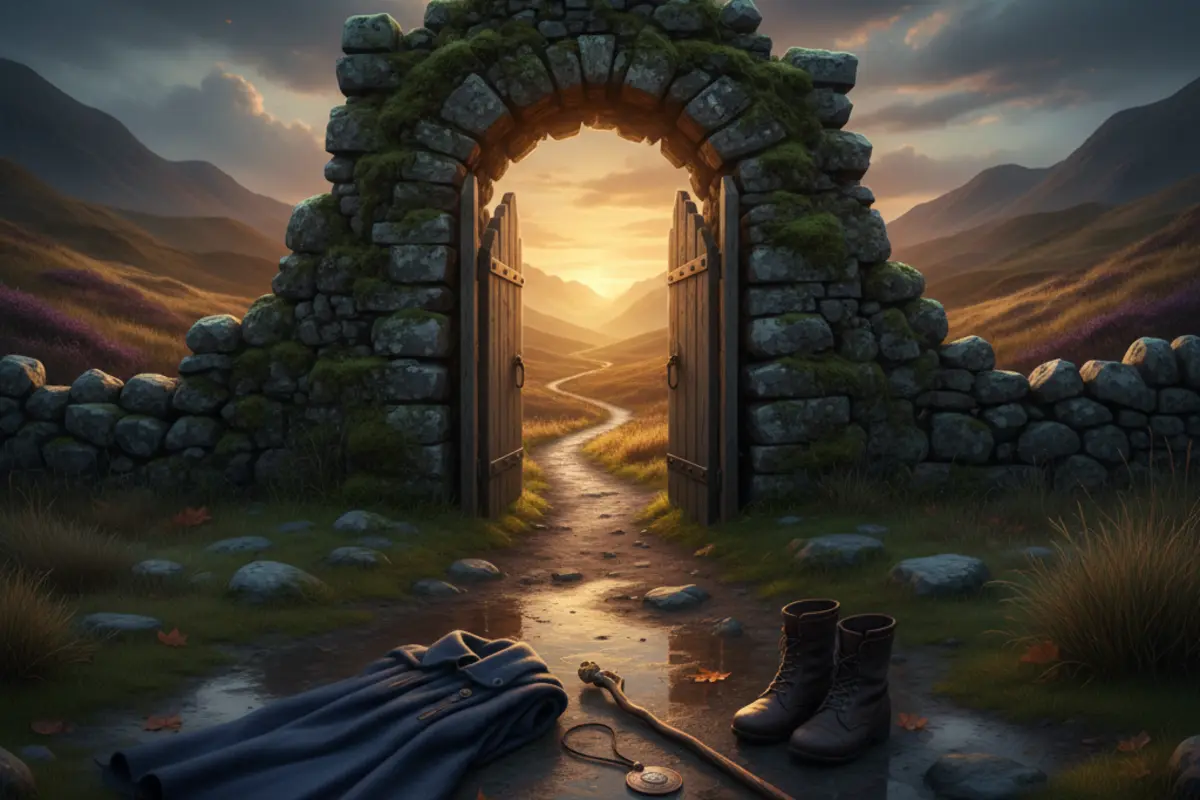 The Threshold Guardian — weathered stone gate on a misty Highland hillside at twilight
